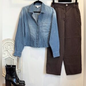 Cropped Denim Button Down Shirt